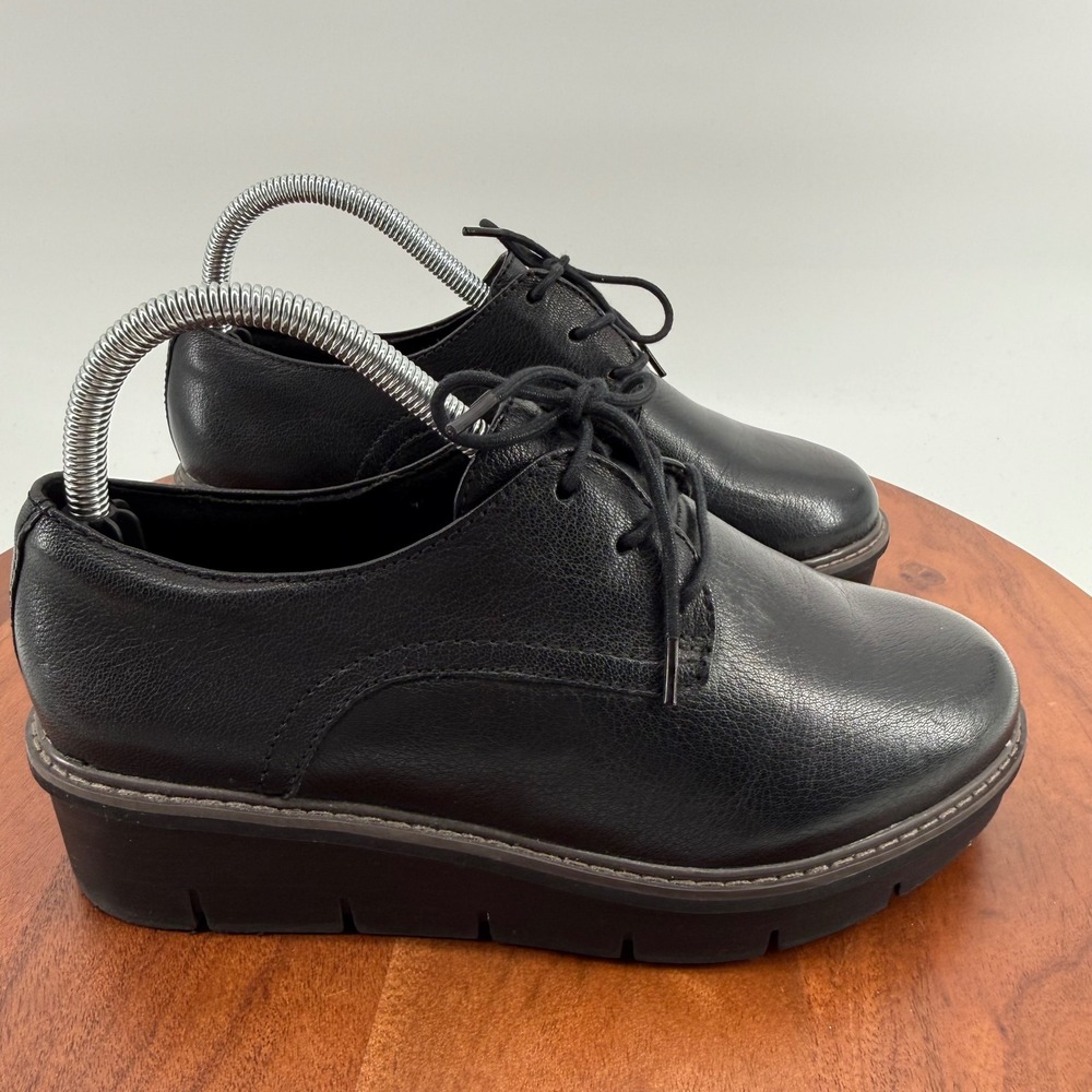 Clarks Collection Sharon Dolly Black Leather Wedge Platform Oxford Women 7 XWIDE